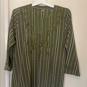 Green Striped kaftan dress  with Embroidery